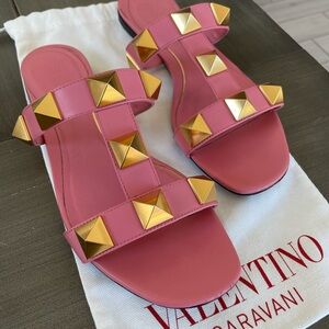Valentino Garavani Pink Sandals with Gold Studs